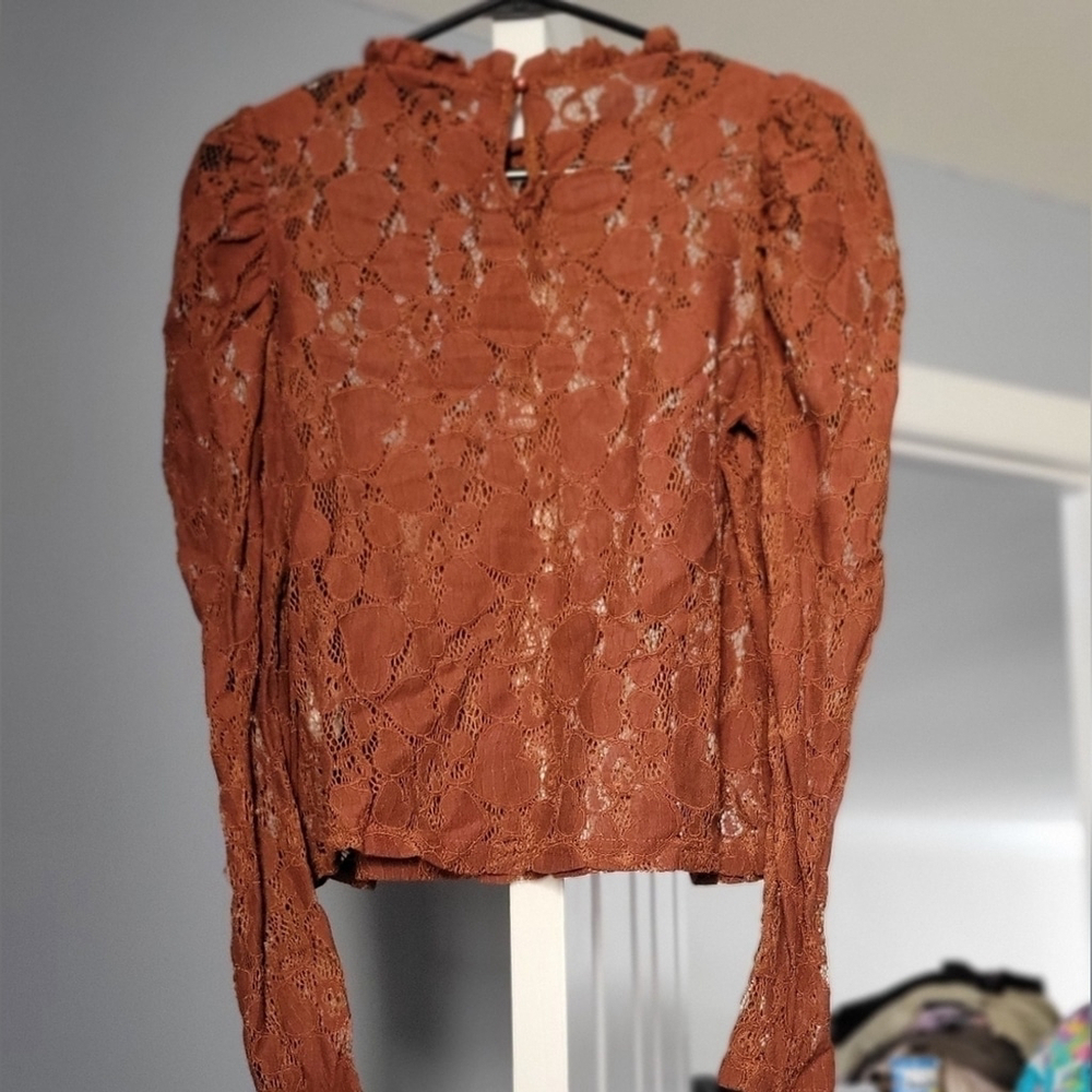 Rust Lace Long Sleeve Blouse with Ruffled Neckline - Picture 5 of 5
